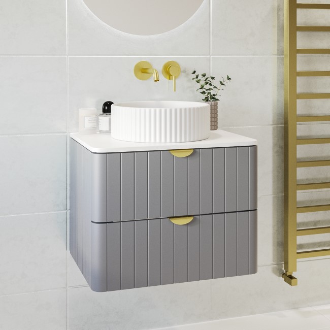 600mm Grey Wall Hung Countertop Vanity Unit with Basin and Brass Handles - Empire
