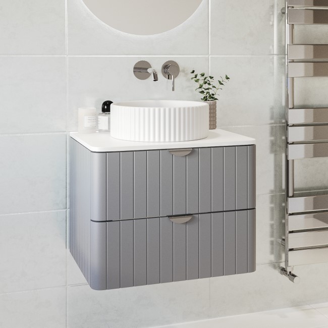 600mm Grey Wall Hung Countertop Vanity Unit with Basin and Chrome