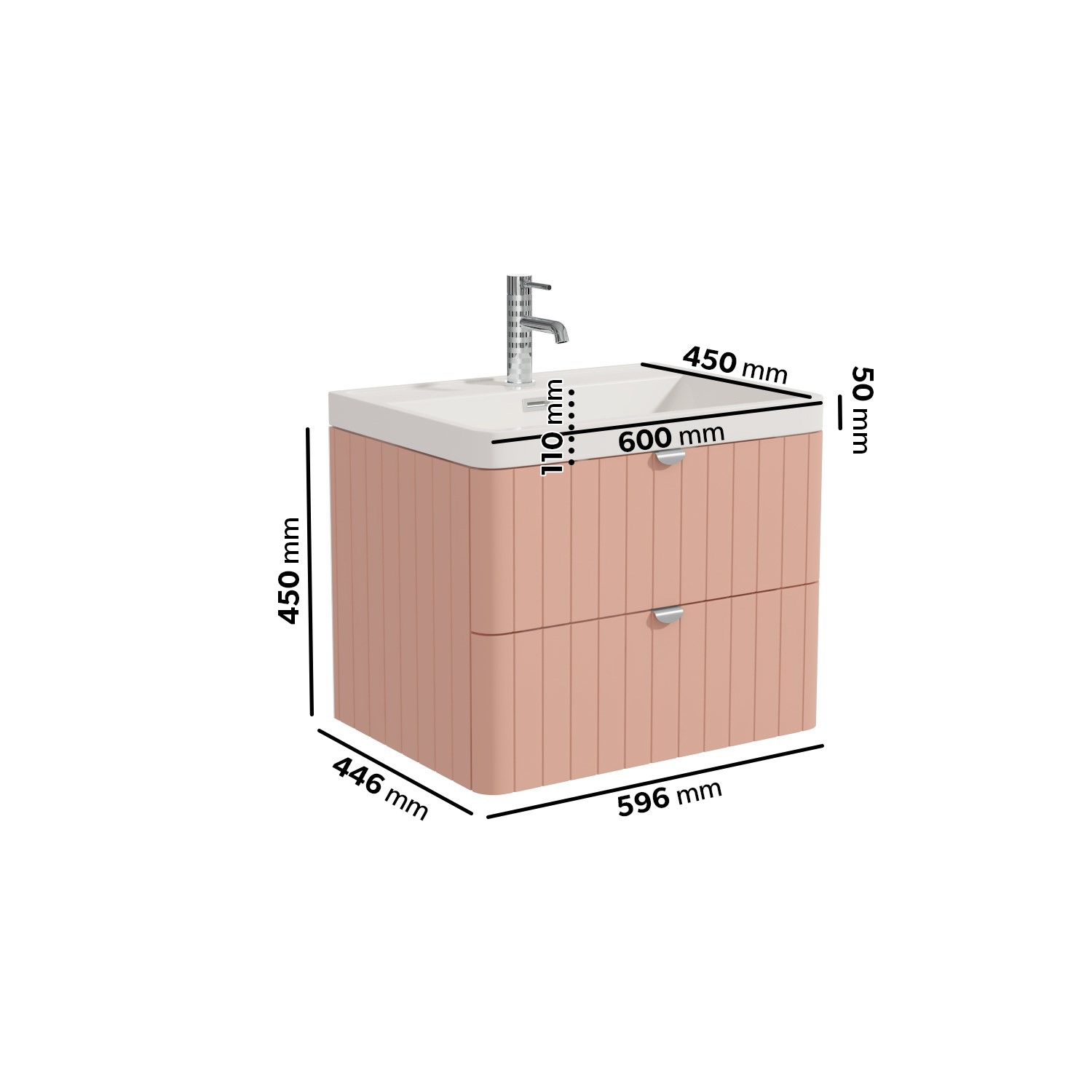 600mm Pink Wall Hung Vanity Unit with Basin and Chrome Handles Empire