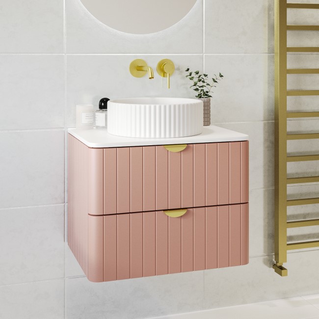 600mm Pink Wall Hung Countertop Vanity Unit with Basin and Brass Handles - Empire