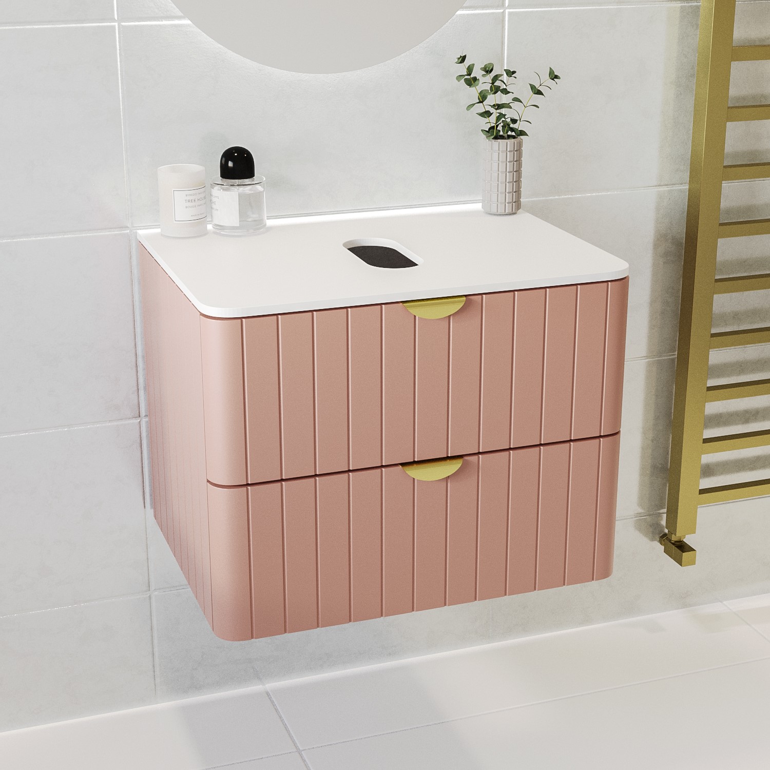 Pink Unit 600mm Pink Wall Hung Countertop Vanity Unit with Brass Handles -Empire ...