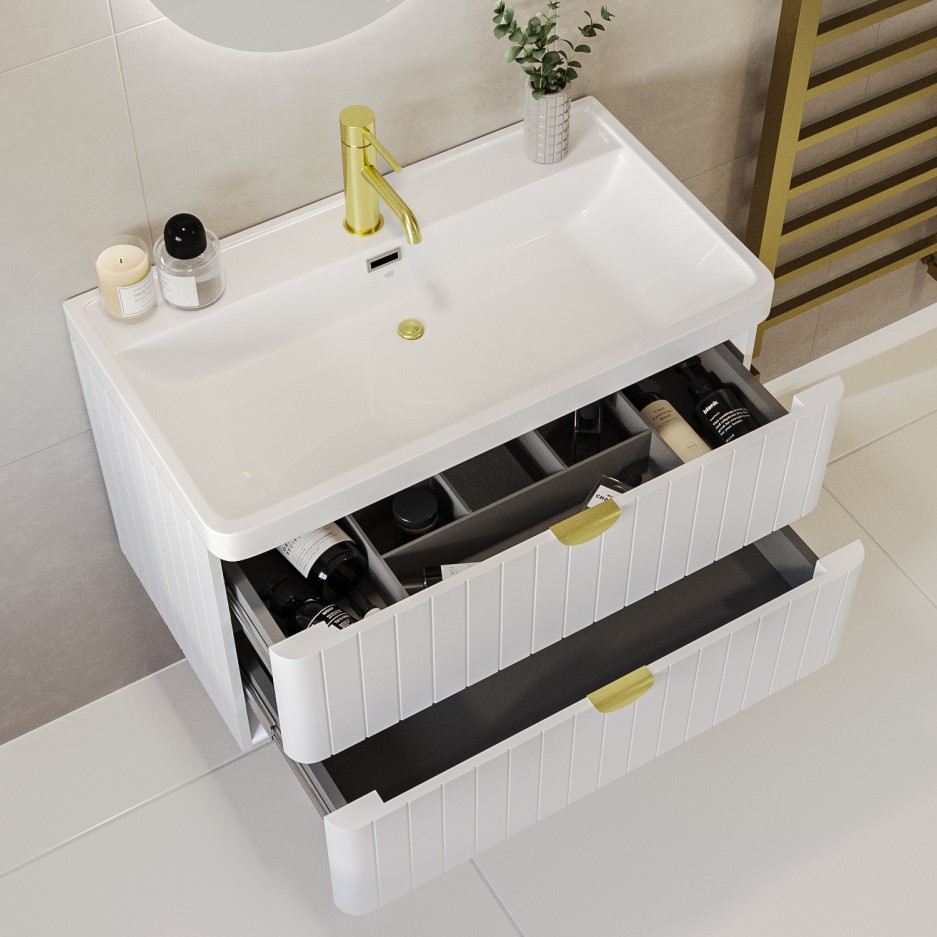 Empire 800mm Wall Hung Vanity Unit Matt White with Brass Handles