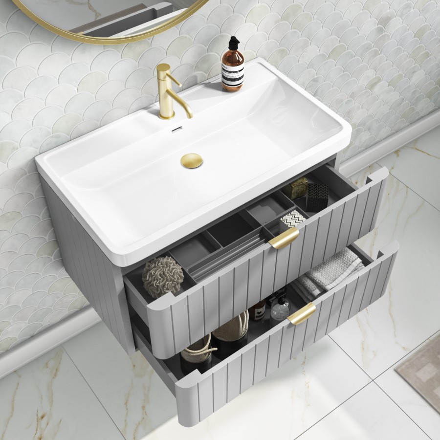 800mm Grey Wall Hung Vanity Unit with Basin and Brass Handles - Empire