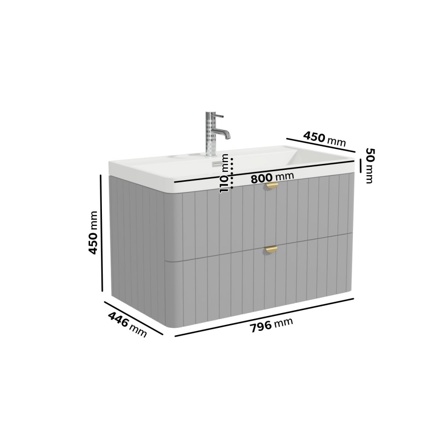 800mm Grey Wall Hung Vanity Unit with Basin and Brass Handles - Empire