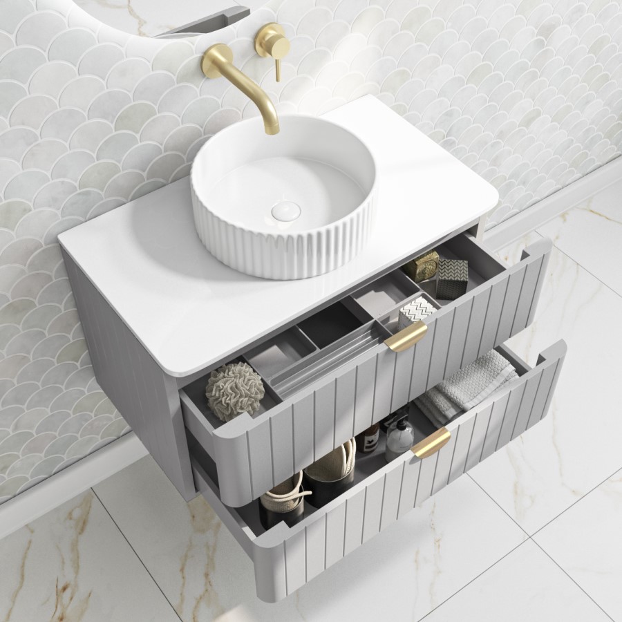 800mm Grey Wall Hung Countertop Vanity Unit with Basin and Brass Handles - Empire
