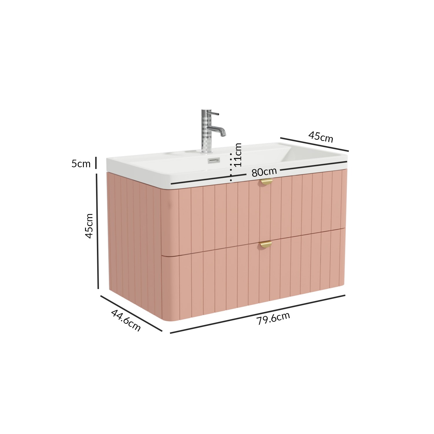 Grade A1 - 800mm Pink Wall Hung Vanity Unit with Basin and Brass ...