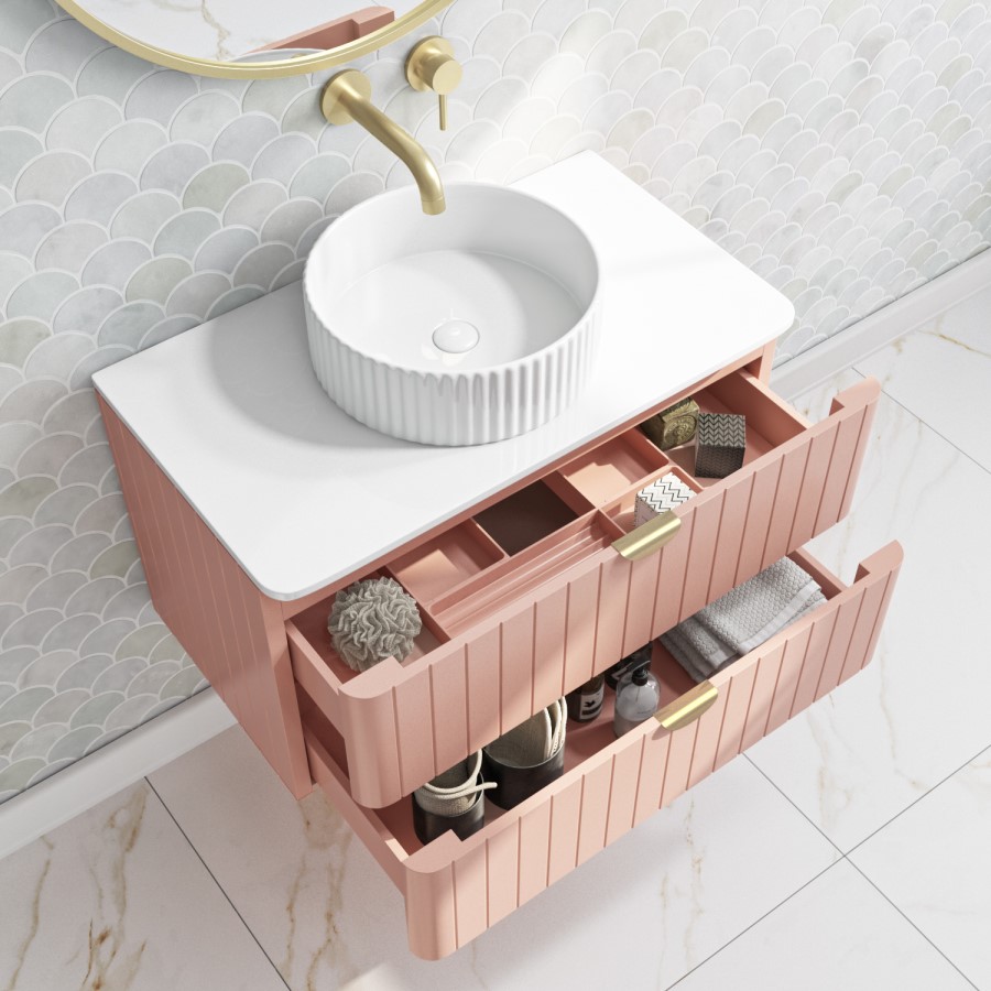 800mm Pink Wall Hung Countertop Vanity Unit with Basin and Brass Handles - Empire