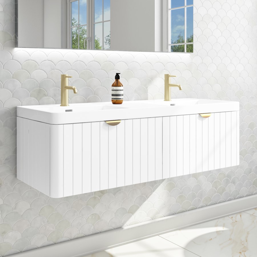 Grade A1 - 1200mm White Wall Hung Double Vanity Unit with Basin and Brass Handles - Empire