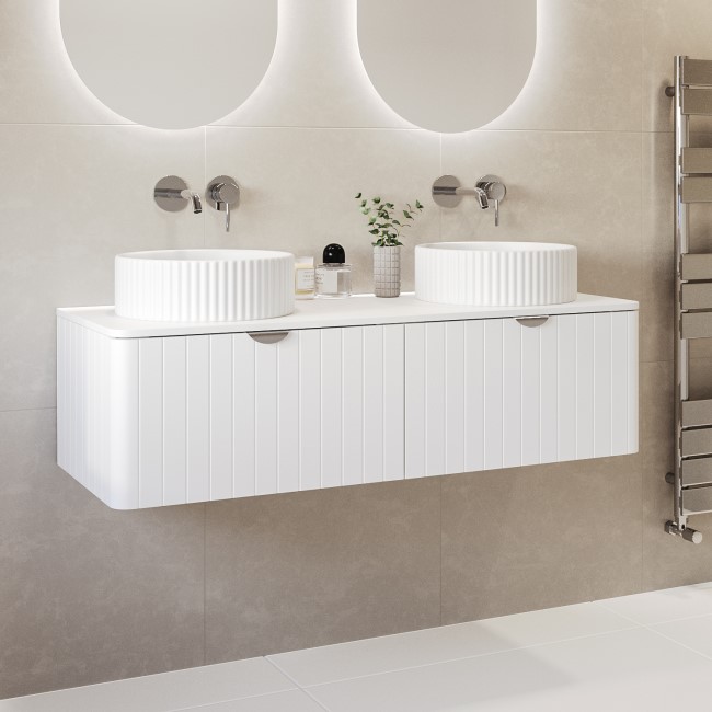 1200mm White Wall Hung Countertop Double Vanity Unit with Basins and Chrome Handles - Empire