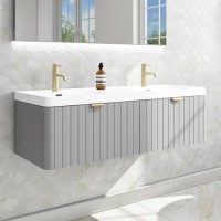 1200mm Grey Wall Hung Double Vanity Unit with Basins and Brass Handles - Empire