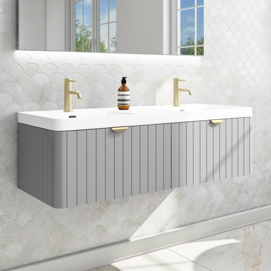 1200mm Grey Wall Hung Double Vanity Unit with Basins and Brass Handles - Empire