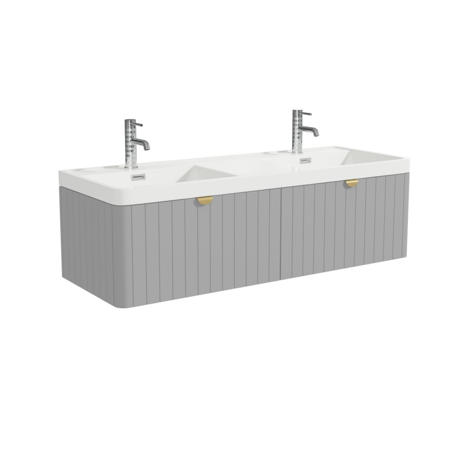 1200mm Grey Wall Hung Double Vanity Unit with Basins and Brass Handles - Empire