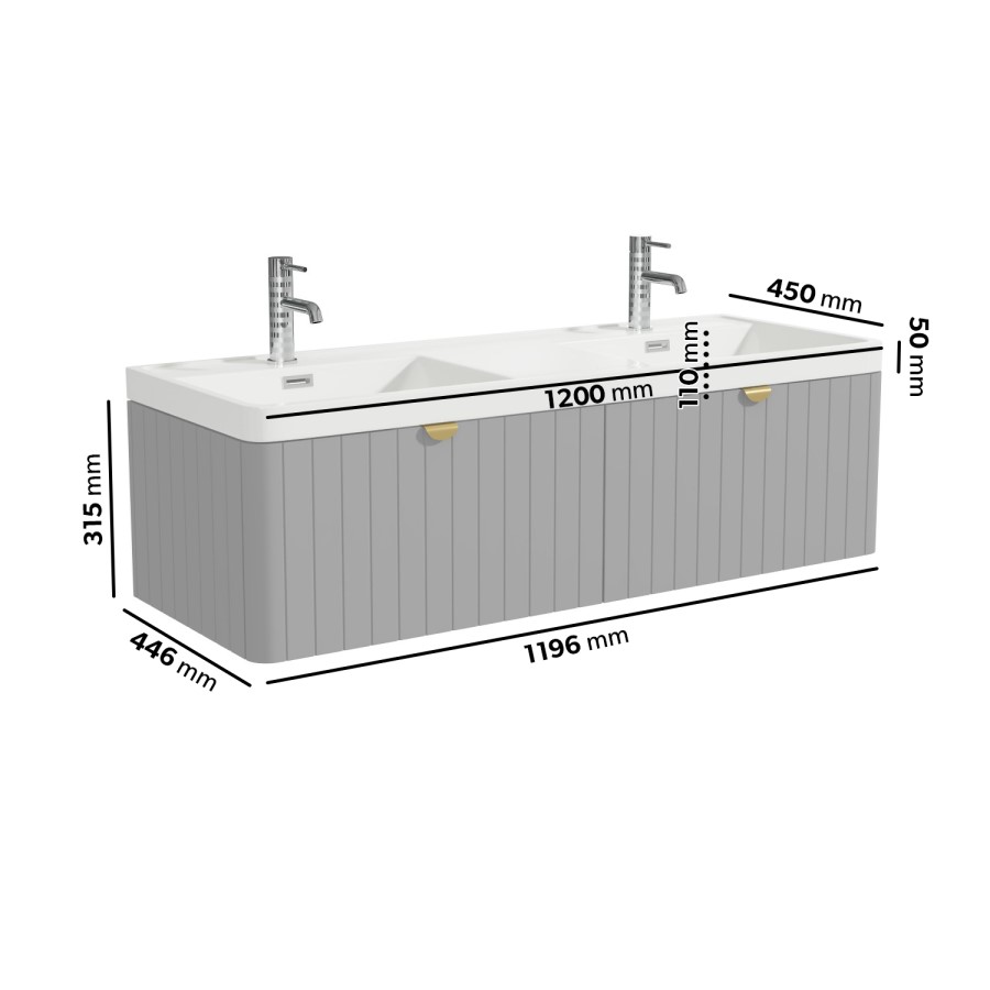 1200mm Grey Wall Hung Double Vanity Unit with Basins and Brass Handles - Empire