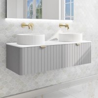 1200mm Grey Wall Hung Countertop Double Vanity Unit with Basins and Brass Handles - Empire