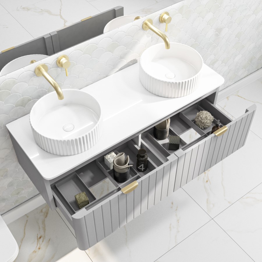 1200mm Grey Wall Hung Countertop Double Vanity Unit with Basins and Brass Handles - Empire