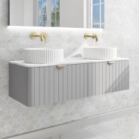 1200mm Grey Wall Hung Vanity Unit with Marble Top Countertop Double Basin & Brushed Brass Handles- Empire
