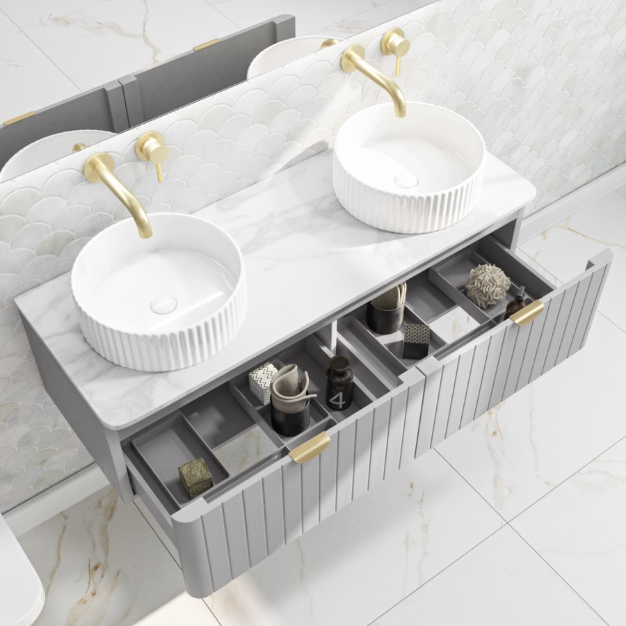 1200mm Grey Wall Hung Vanity Unit with Marble Top Countertop Double Basin & Brushed Brass Handles- Empire