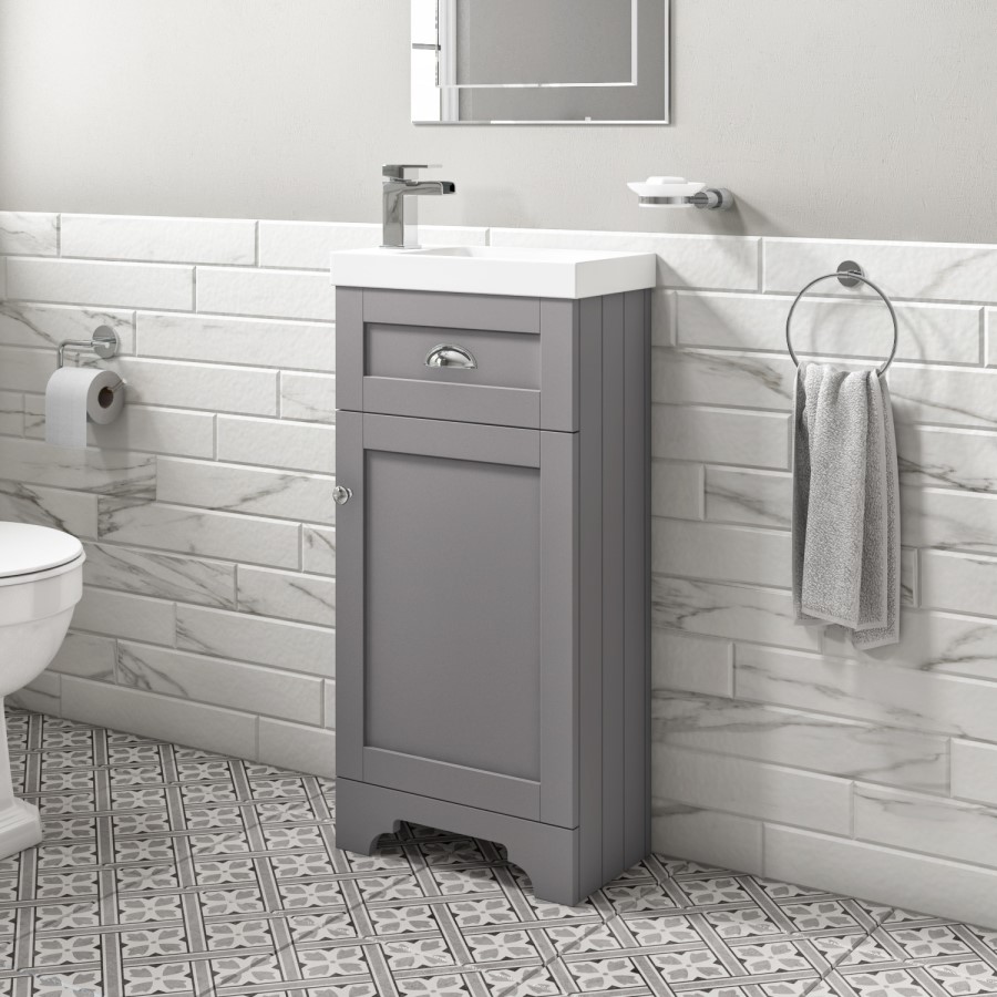Close Coupled Toilet and Grey Basin Vanity Unit Traditional Cloakroom Suite - Baxenden