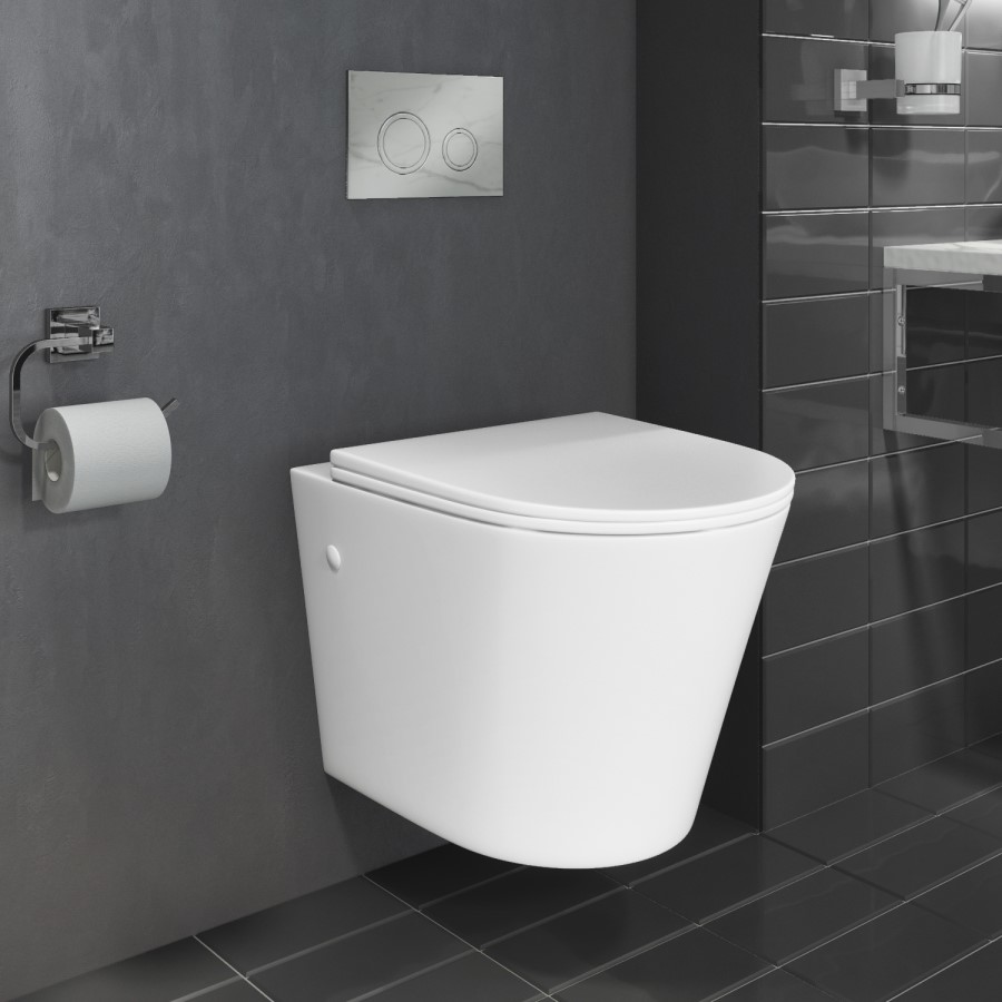 Verona Matt White Rimless Wall Hung Toilet and Countertop Basin & Shelf Suite 