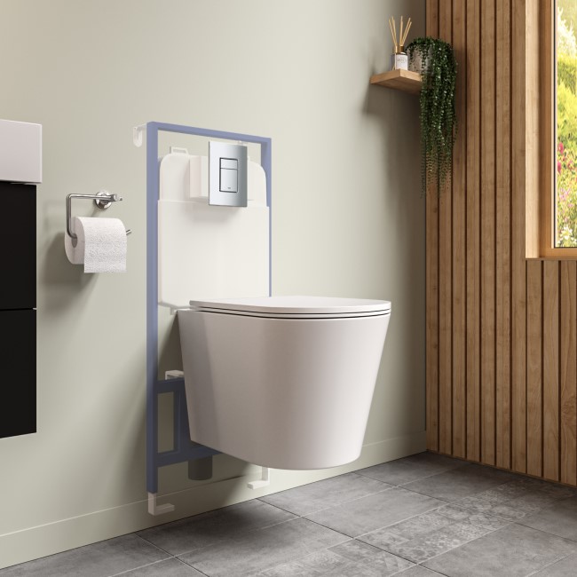Matt White Wall Hung Rimless Toilet with Soft Close Seat Grohe Cistern Frame and Chrome Flush - Verona