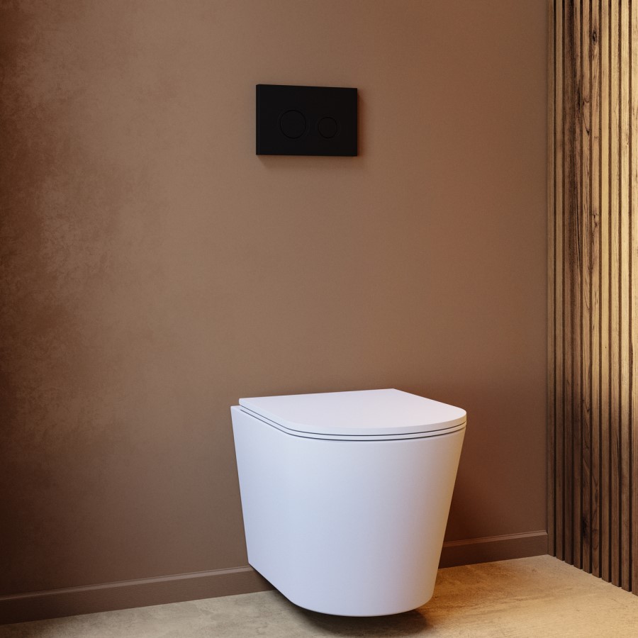 Matt White Wall Hung Rimless Toilet with Soft Close Seat Cistern Frame and Black Flush - Verona