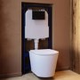 Matt White Wall Hung Rimless Toilet with Soft Close Seat Cistern Frame and Black Flush - Verona