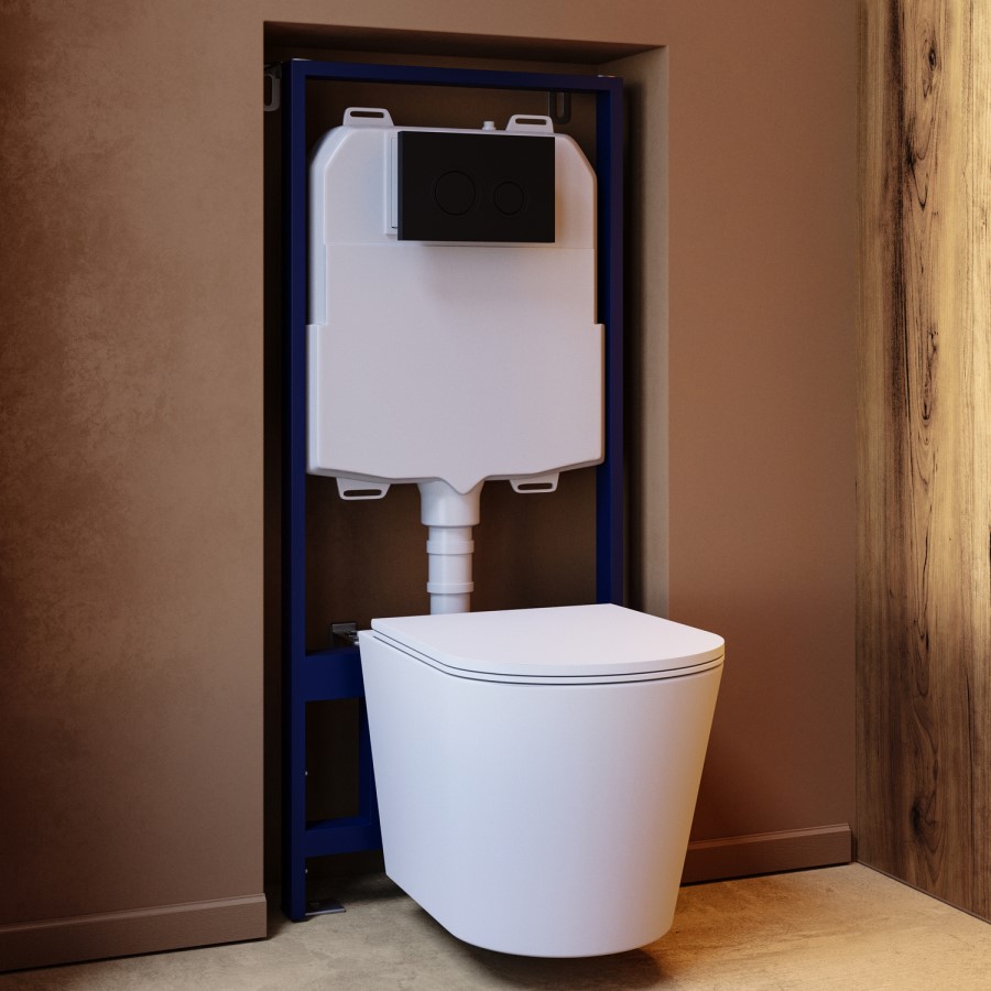 Matt White Wall Hung Rimless Toilet with Soft Close Seat Cistern Frame and Black Flush - Verona