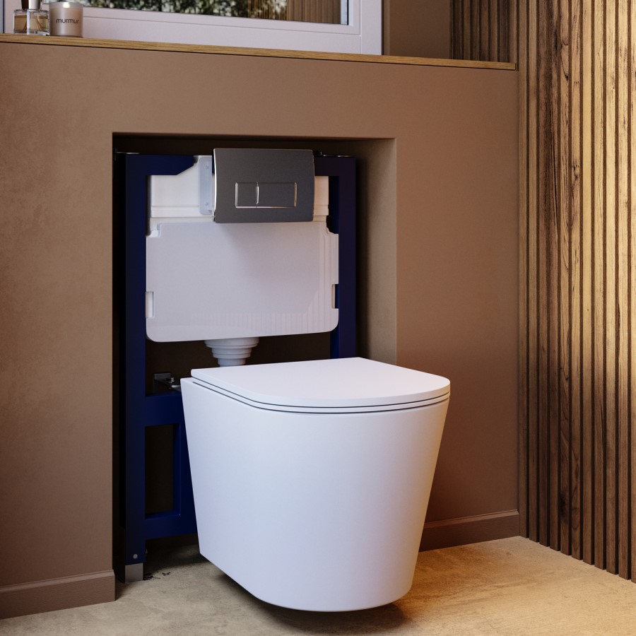 Matt White Wall Hung Rimless Toilet with Soft Close Seat Chrome Pneumatic Flush Plate 820mm Frame & Cistern - Verona