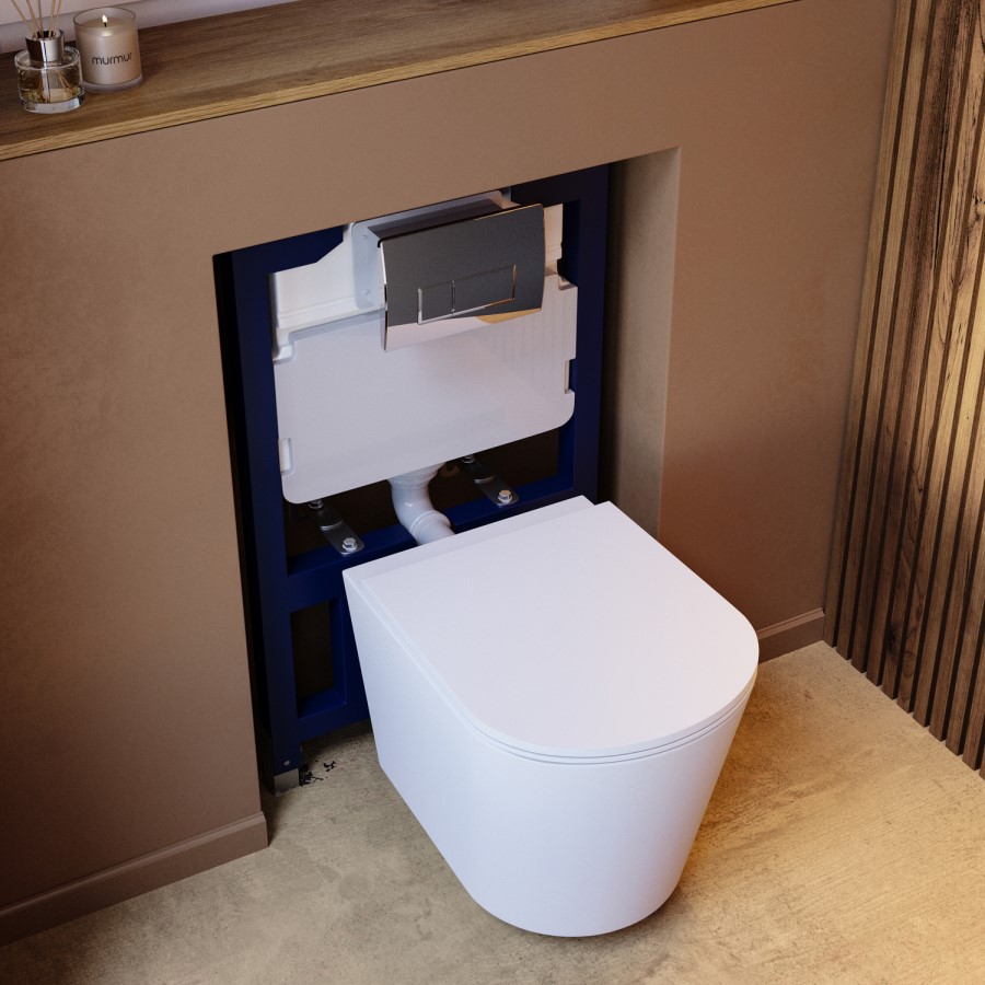 Matt White Wall Hung Rimless Toilet with Soft Close Seat Chrome Pneumatic Flush Plate 820mm Frame & Cistern - Verona