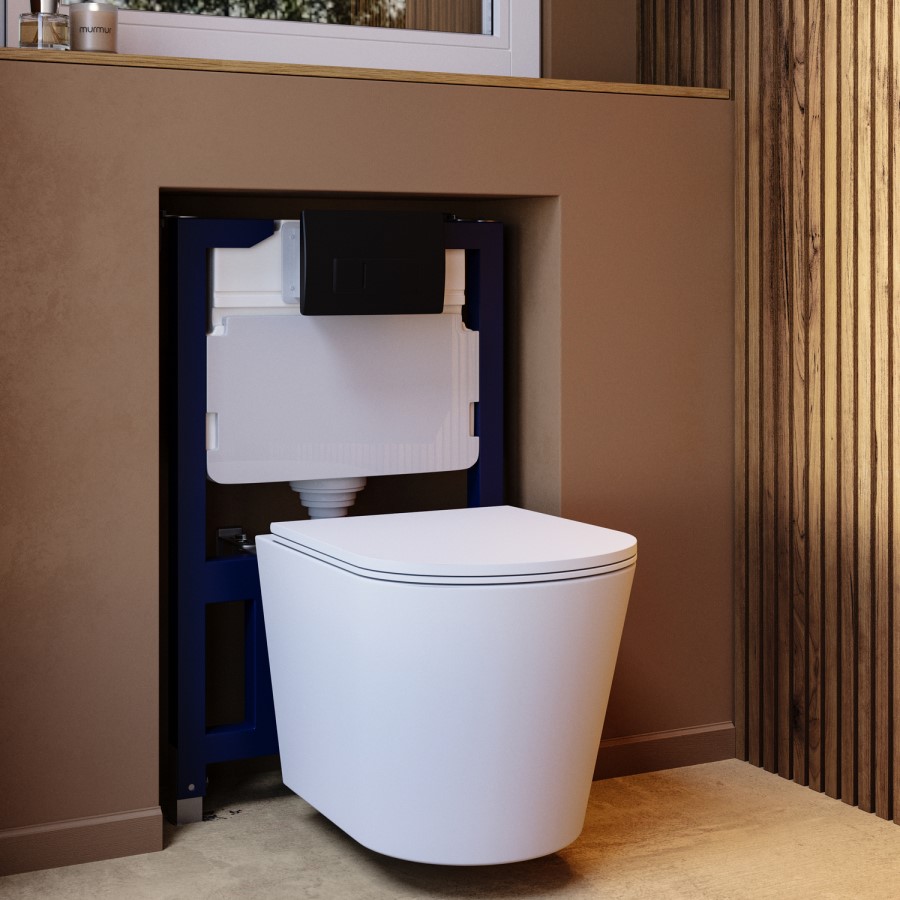Matt White Wall Hung Rimless Toilet with Soft Close Seat Black Pneumatic Flush Plate 820mm Frame & Cistern - Verona