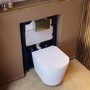 Matt White Wall Hung Rimless Toilet with Soft Close Seat Brass Pneumatic Flush Plate 820mm Frame & Cistern - Verona