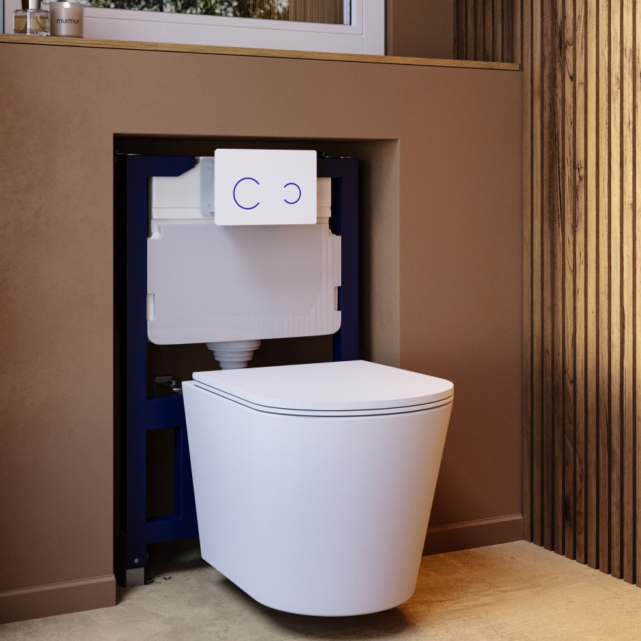 Matt White Wall Hung Rimless Toilet with Soft Close Seat White Glass Sensor Pneumatic Flush Plate 820mm Frame & Cistern - Verona