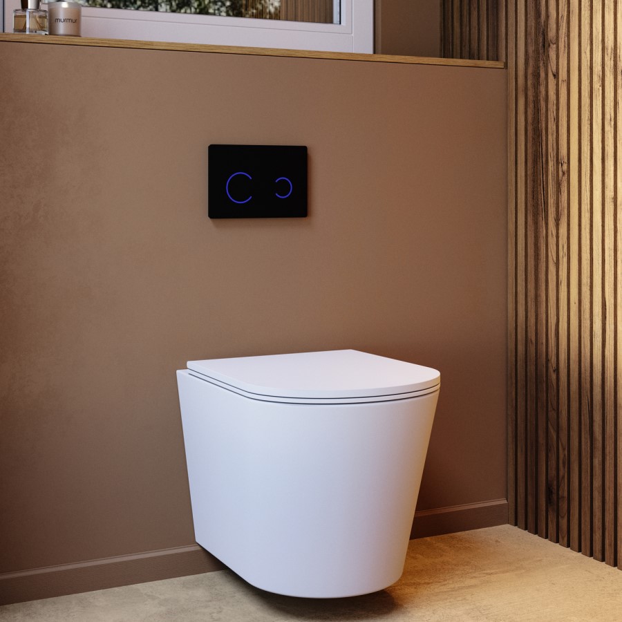 Matt White Wall Hung Rimless Toilet with Soft Close Seat Black Glass Sensor Pneumatic Flush Plate 820mm Frame & Cistern - Verona