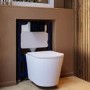 Matt White Wall Hung Rimless Toilet with Soft Close Seat Black Glass Sensor Pneumatic Flush Plate 820mm Frame & Cistern - Verona