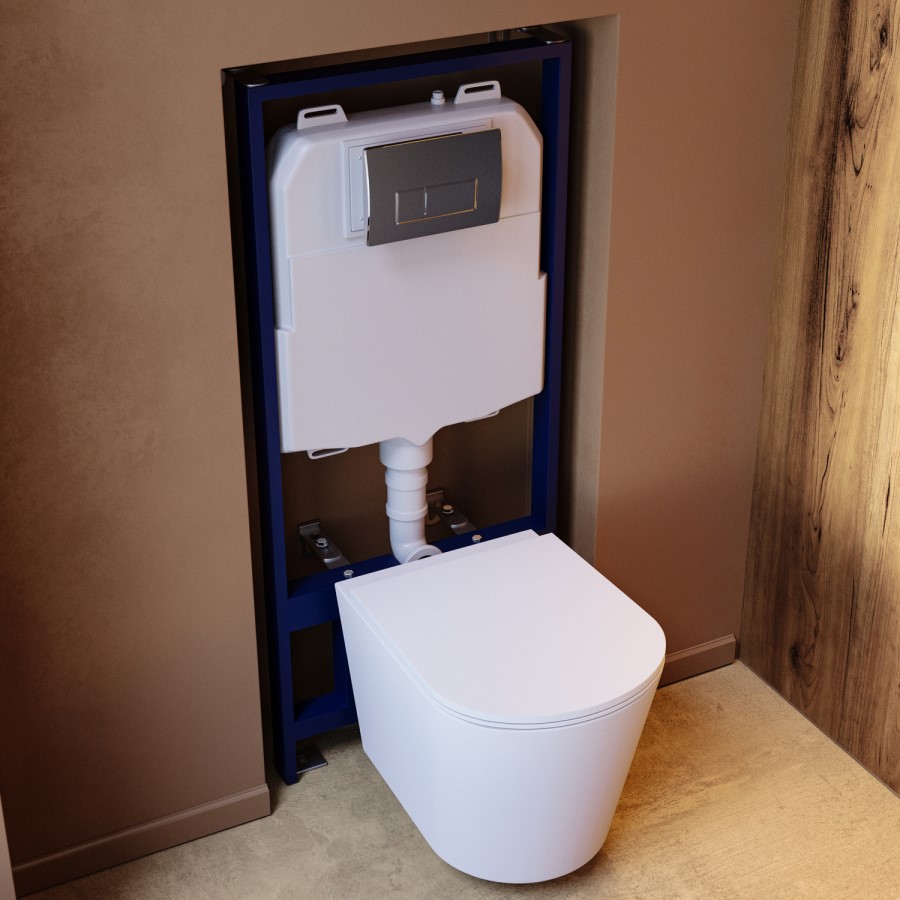 Matt White Wall Hung Rimless Toilet with Soft Close Seat Chrome Pneumatic Flush Plate 1170mm Frame & Cistern - Verona