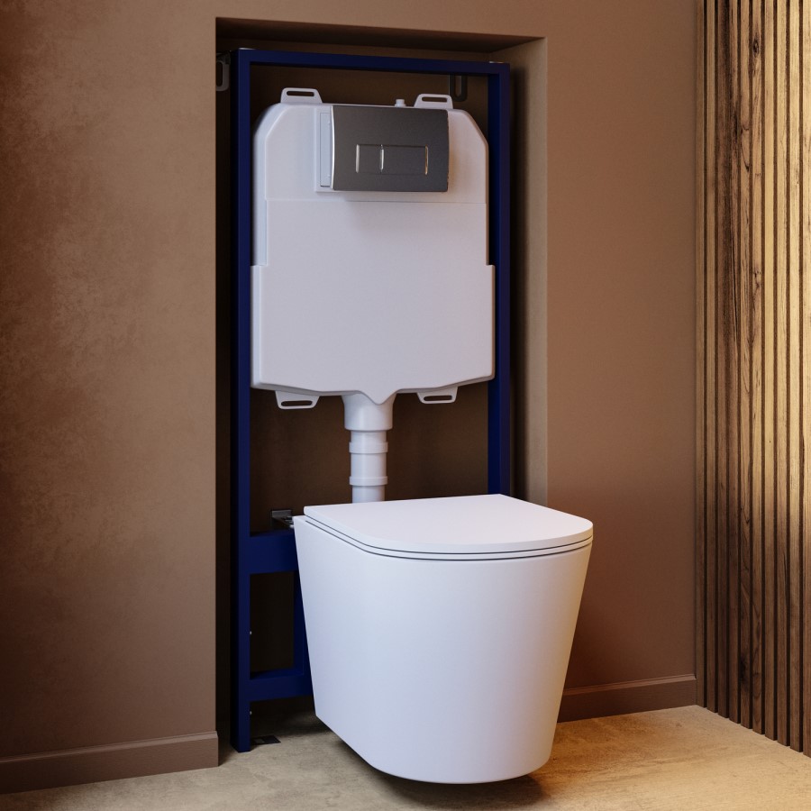 Matt White Wall Hung Rimless Toilet with Soft Close Seat Chrome Pneumatic Flush Plate 1170mm Frame & Cistern - Verona