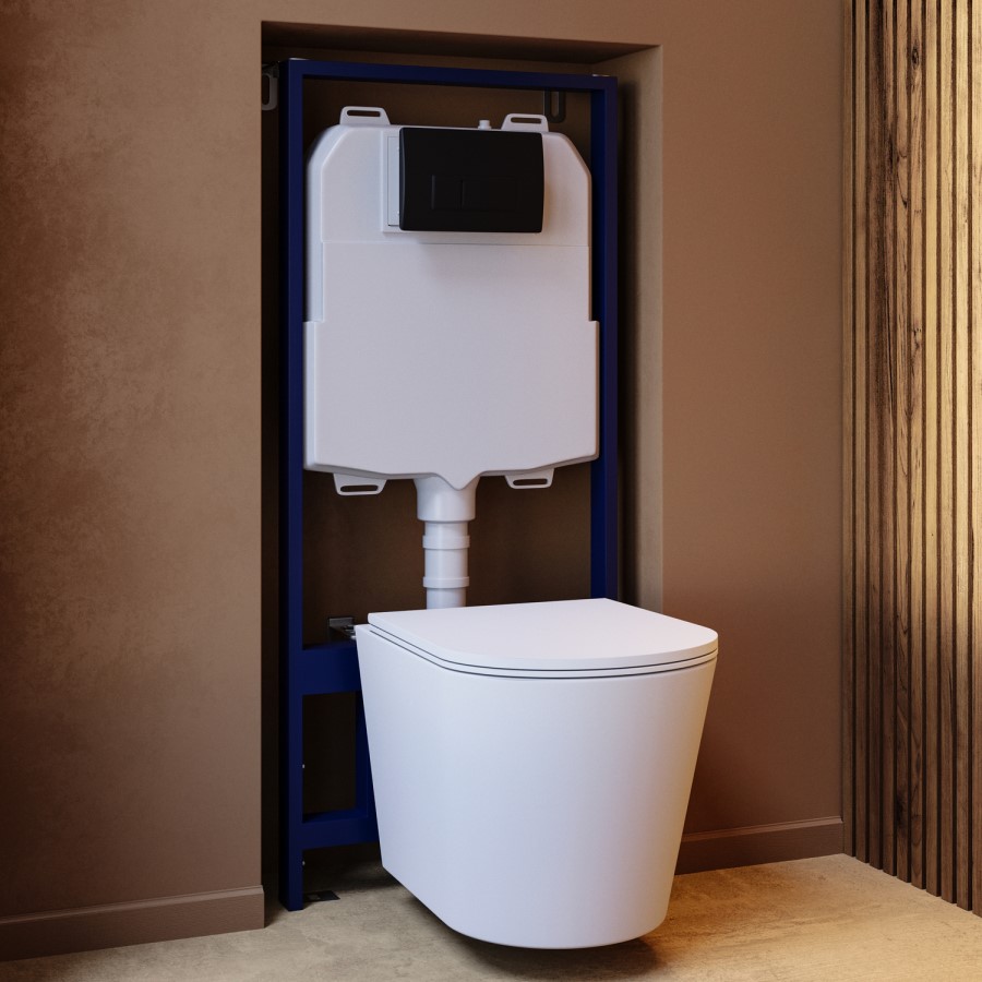 Matt White Wall Hung Rimless Toilet with Soft Close Seat Black Pneumatic Flush Plate 1170mm Frame & Cistern - Verona