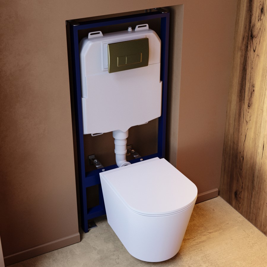 Matt White Wall Hung Rimless Toilet with Soft Close Seat Brass Pneumatic Flush Plate 1170mm Frame & Cistern - Verona
