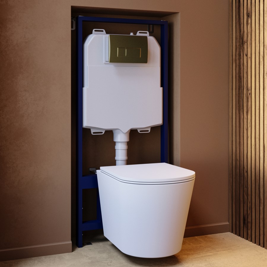 Matt White Wall Hung Rimless Toilet with Soft Close Seat Brass Pneumatic Flush Plate 1170mm Frame & Cistern - Verona