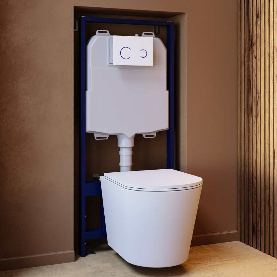 Matt White Wall Hung Rimless Toilet with Soft Close Seat, White Glass Sensor Flush Plate, 1168mm Frame & Cistern – Verona