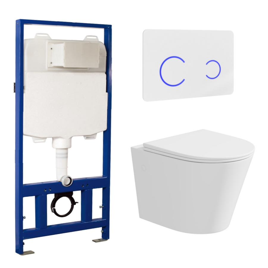 Matt White Wall Hung Rimless Toilet with Soft Close Seat, White Glass Sensor Flush Plate, 1168mm Frame & Cistern – Verona