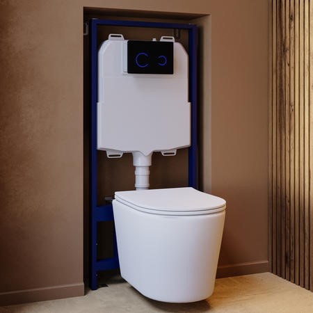 Matt White Wall Hung Rimless Toilet with Soft Close Seat, Black Glass ...