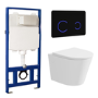 Matt White Wall Hung Rimless Toilet with Soft Close Seat Black Glass Sensor Pneumatic Flush Plate 1170mm Frame & Cistern - Verona