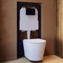 Matt White Wall Hung Rimless Toilet with Soft Close Seat Black Glass Sensor Pneumatic Flush Plate 1170mm Frame & Cistern - Verona
