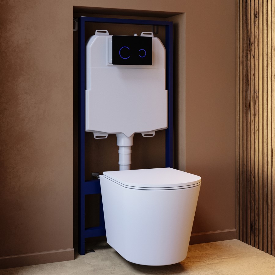 Matt White Wall Hung Rimless Toilet with Soft Close Seat Black Glass Sensor Pneumatic Flush Plate 1170mm Frame & Cistern - Verona