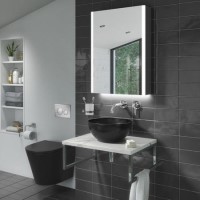 Grade A1 - Verona Matt Black Rimless Wall Hung Toilet and Countertop Basin Suite with White Vanity Shelf