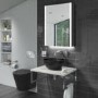 Grade A1 - Verona Matt Black Rimless Wall Hung Toilet and Countertop Basin Suite with White Vanity Shelf