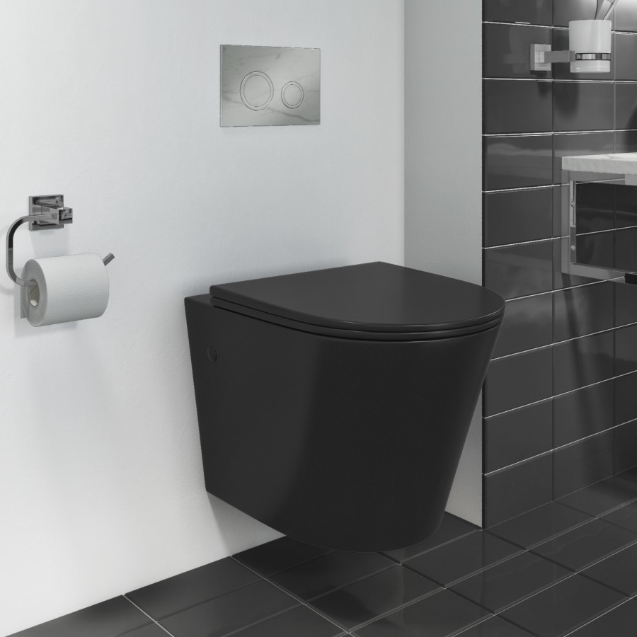 Grade A1 - Verona Matt Black Rimless Wall Hung Toilet and Countertop Basin Suite with White Vanity Shelf