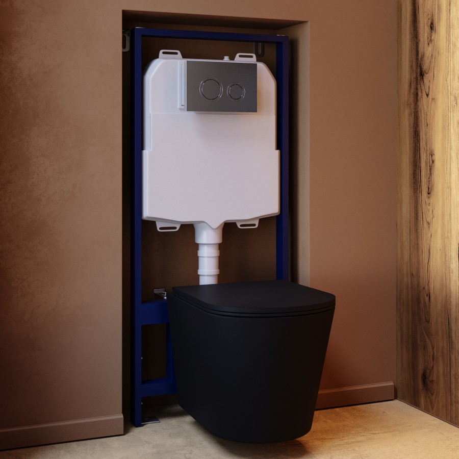 Matt Black Wall Hung Rimless Toilet with Soft Close Seat, Chrome Mechanical Flush Plate, 1168mm Frame & Cistern – Verona