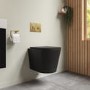 Grade A1 - Black Wall Hung Rimless Toilet with Soft Close Seat Cistern Frame and Brushed Brass Flush - Verona